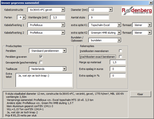 Productconfigurator voor staalkabel-samenstellen - bedieningsscherm