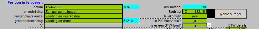 Excel-applicatie Kasblad - invoergedeelte